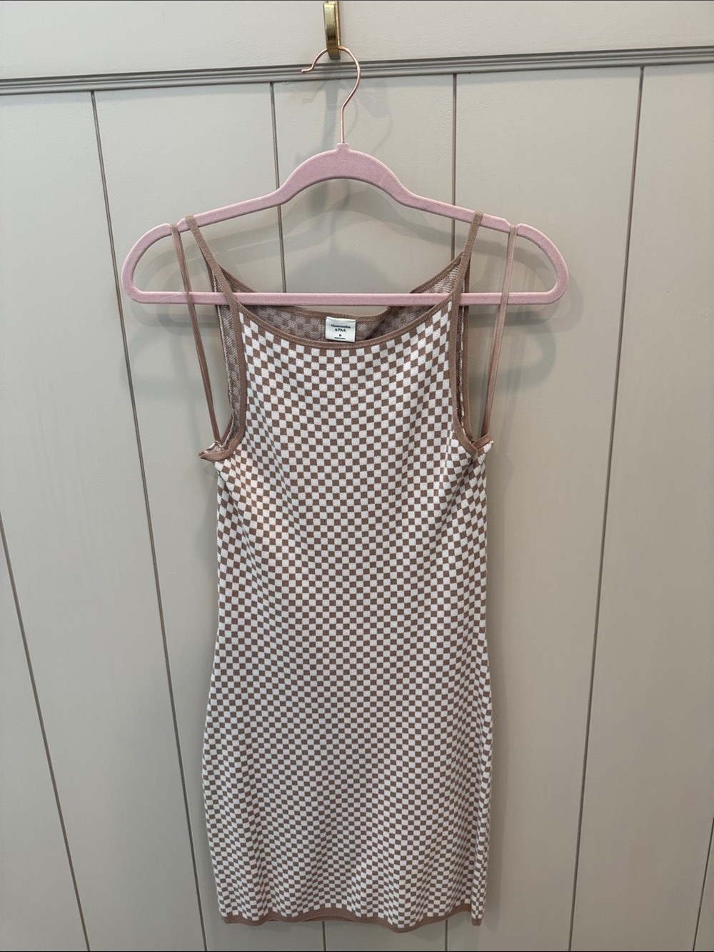Abercrombie and Fitch Checkerboard Slip Dress - Taupe & White Spaghetti Strap